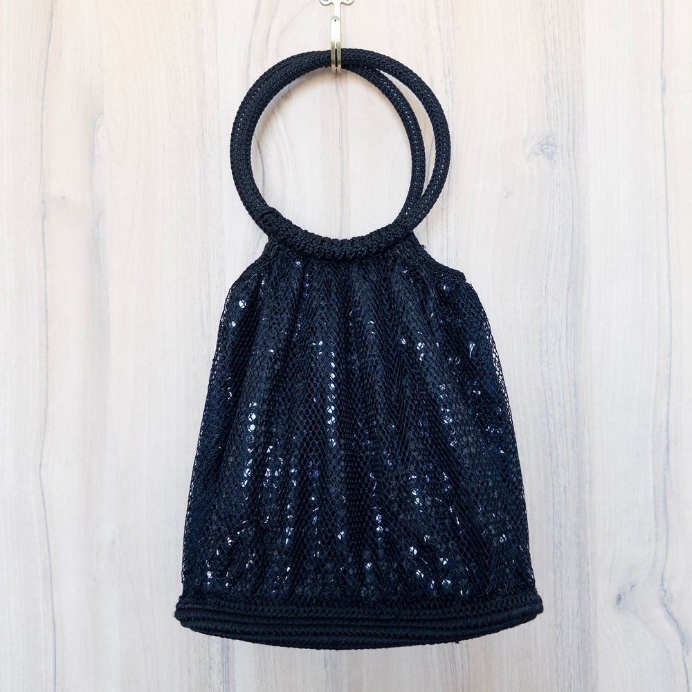 Y2K Chateau Black Sequin Mesh Round Handle Bag Evening‎ Glam Minimalist Chic